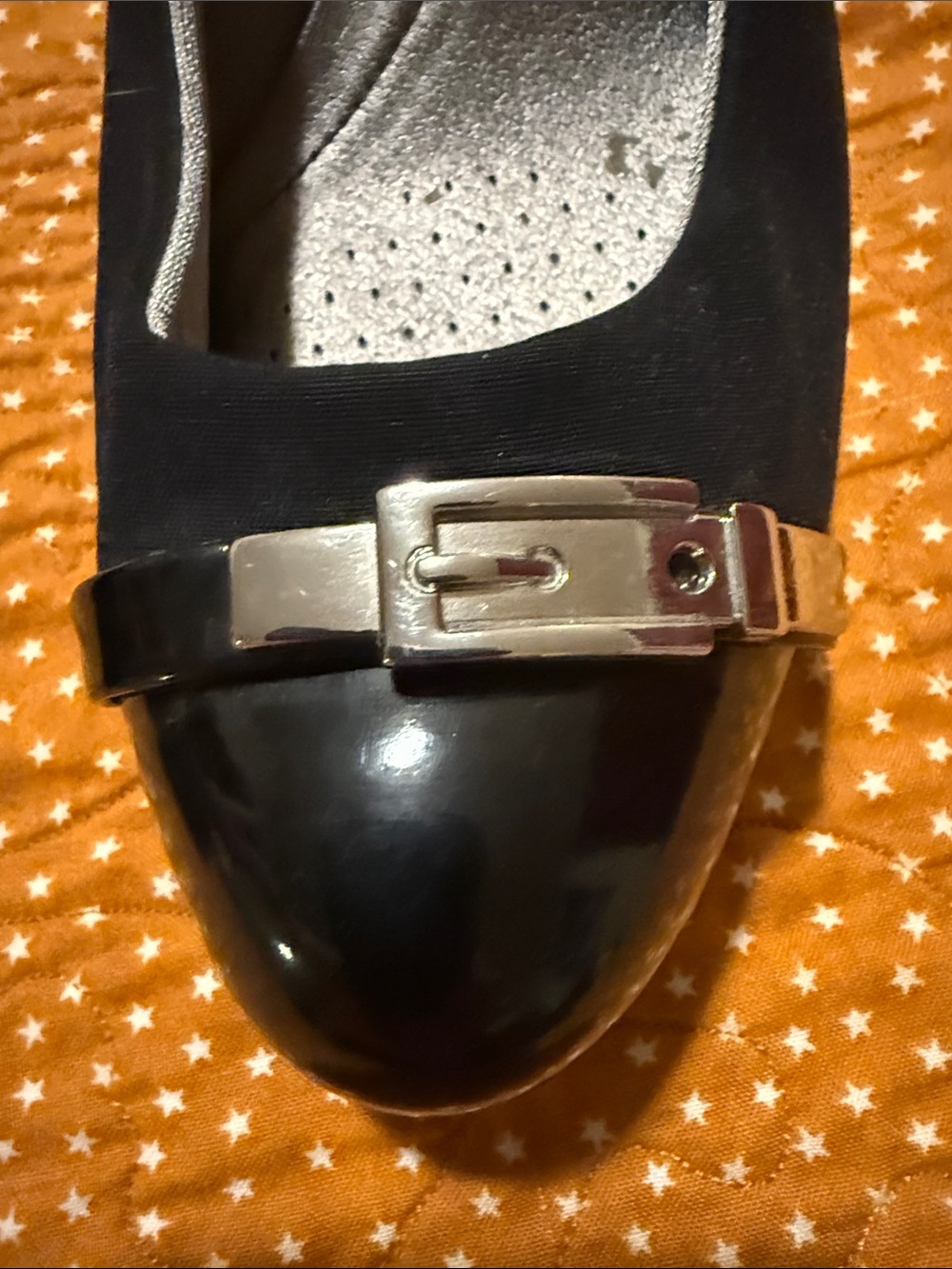 Life Stride Black Suede Pumps with Patent Cap Toe and Silver Buckle - Picture 6 of 7